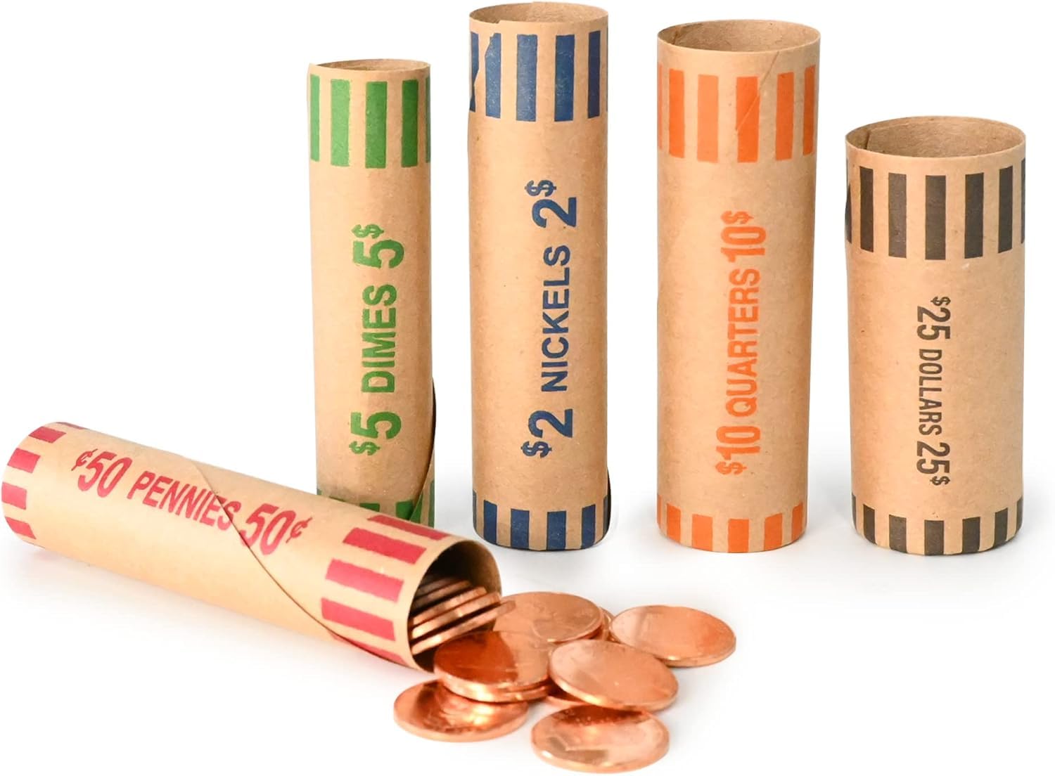 L LIKED 105 Assorted Preformed Coin Wrappers 21 Quarters, 21 Pennies, 21 Nickels 21 Dimes and 21 Dollars (105 pcs)