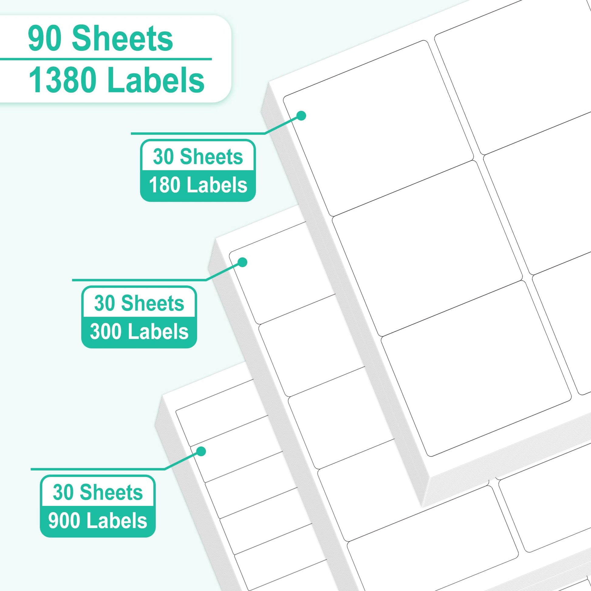 L LIKED Assorted Printable Sticker Paper, 90 Sheets 8.5" x 11" Address Labels for Laser/Inkjet Printers, Matte White, Strong Adhesive - 1380 Labels