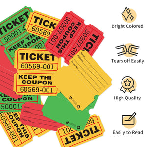 L LIKED 3000 Assorted Raffle Tickets Double Roll,Consecutively Numbered,50/50 Raffle Tickets for Event,Party,Prize,Drawing(Red,Green,Yellow)