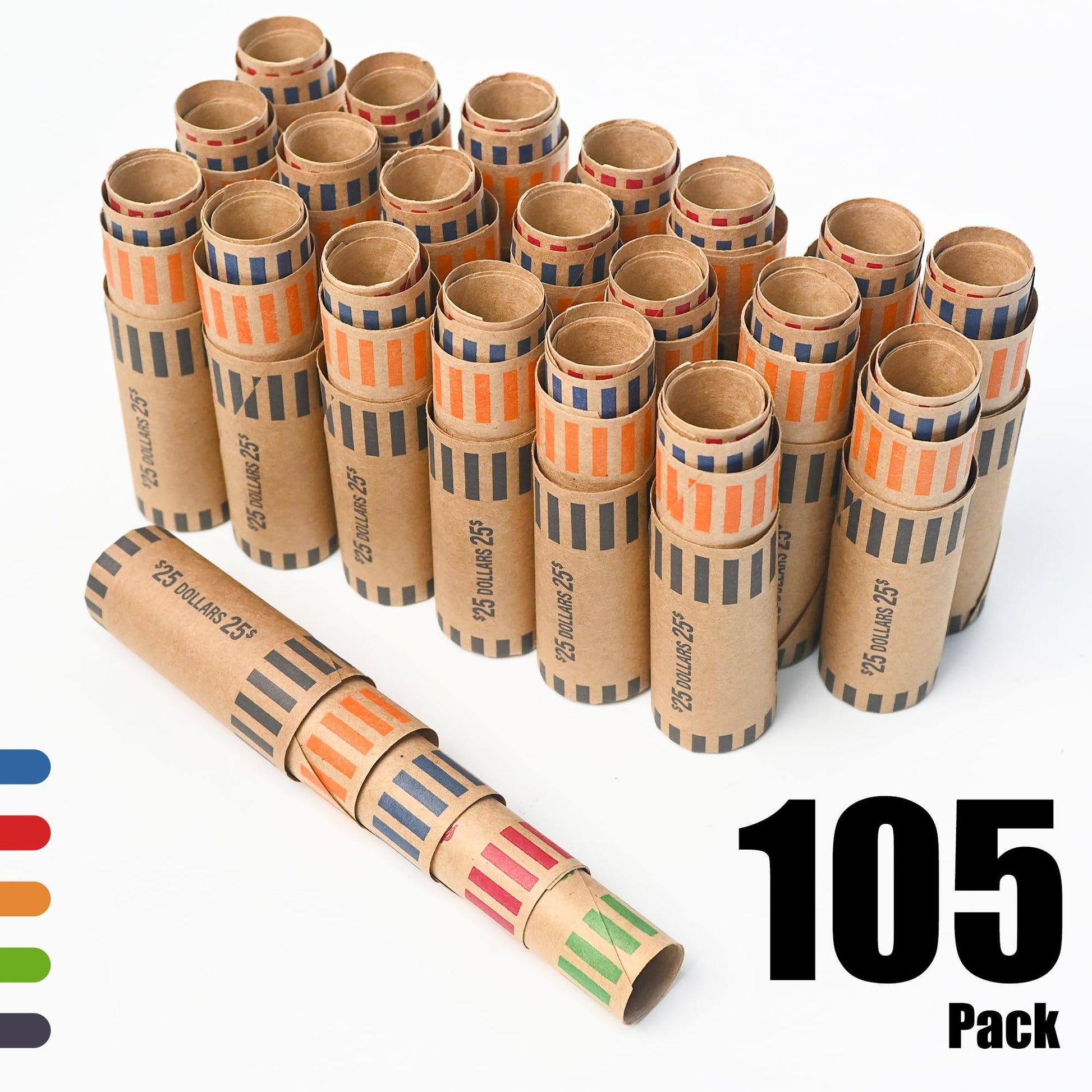 L LIKED 105 Assorted Preformed Coin Wrappers 21 Quarters, 21 Pennies, 21 Nickels 21 Dimes and 21 Dollars (105 pcs)