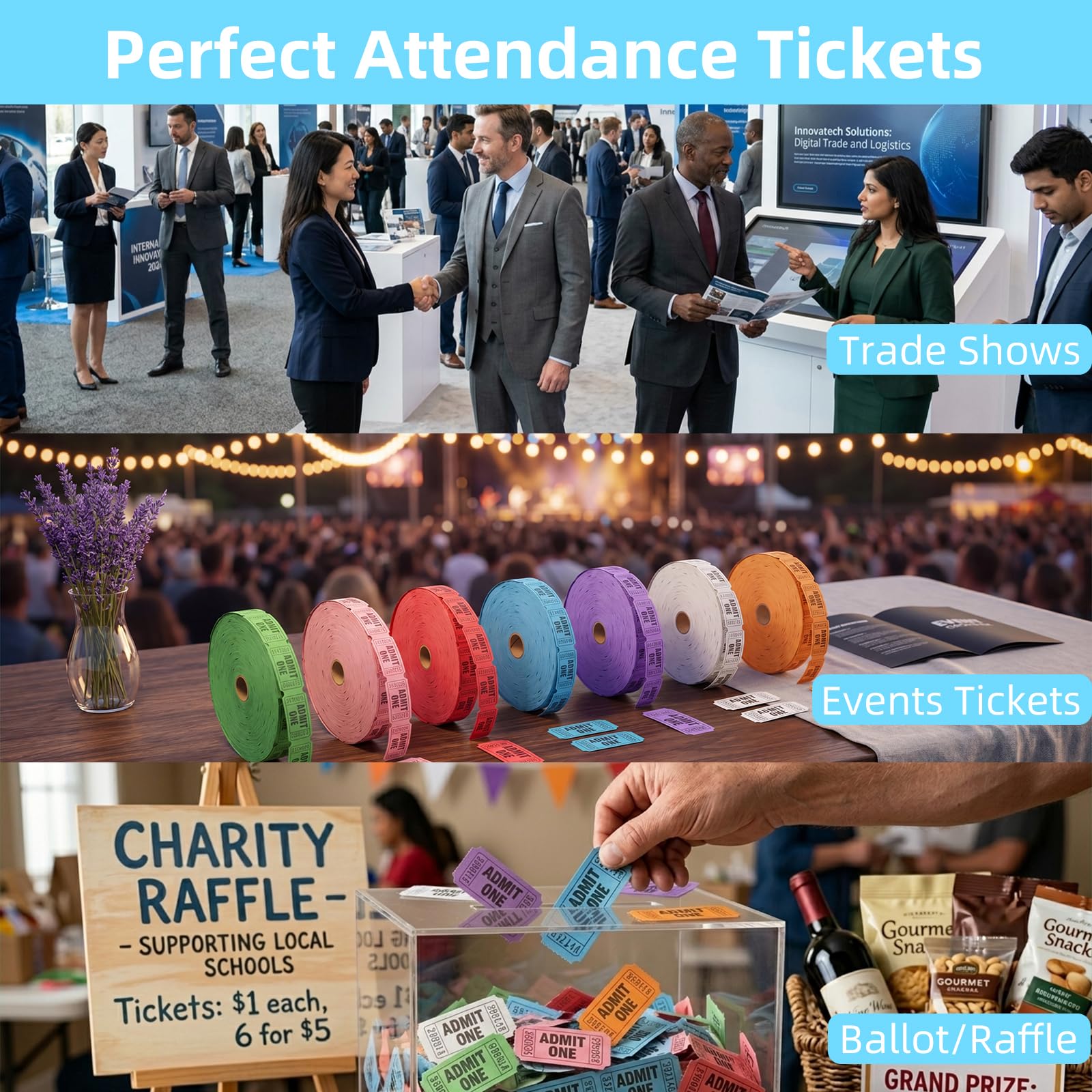 L LIKED Mixed Raffle Tickets, 1"x2" Rainbow Variety Pack – Consecutively Numbered & Perforated for Events, Carnivals, Door Prizes