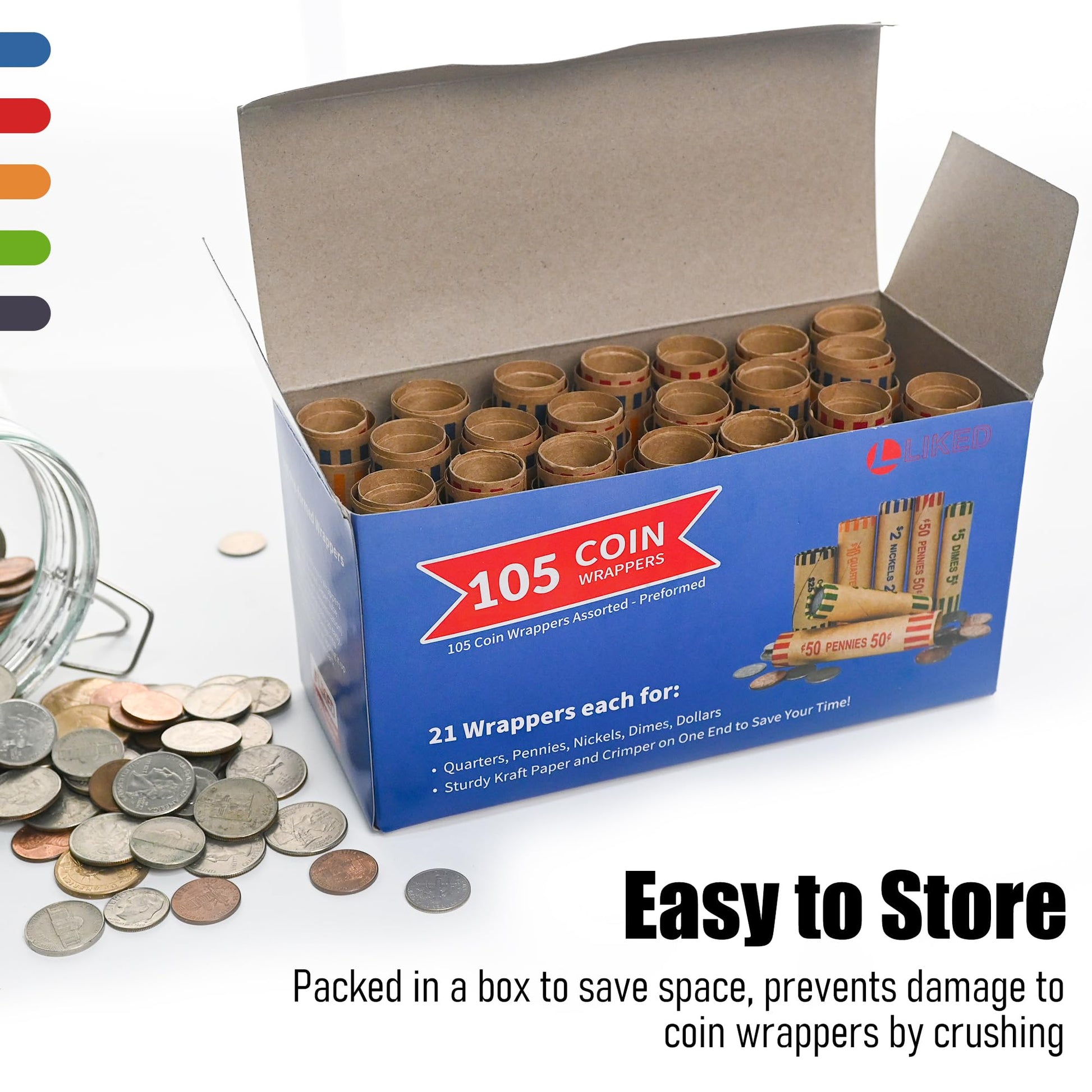 L LIKED 105 Assorted Preformed Coin Wrappers 21 Quarters, 21 Pennies, 21 Nickels 21 Dimes and 21 Dollars (105 pcs)