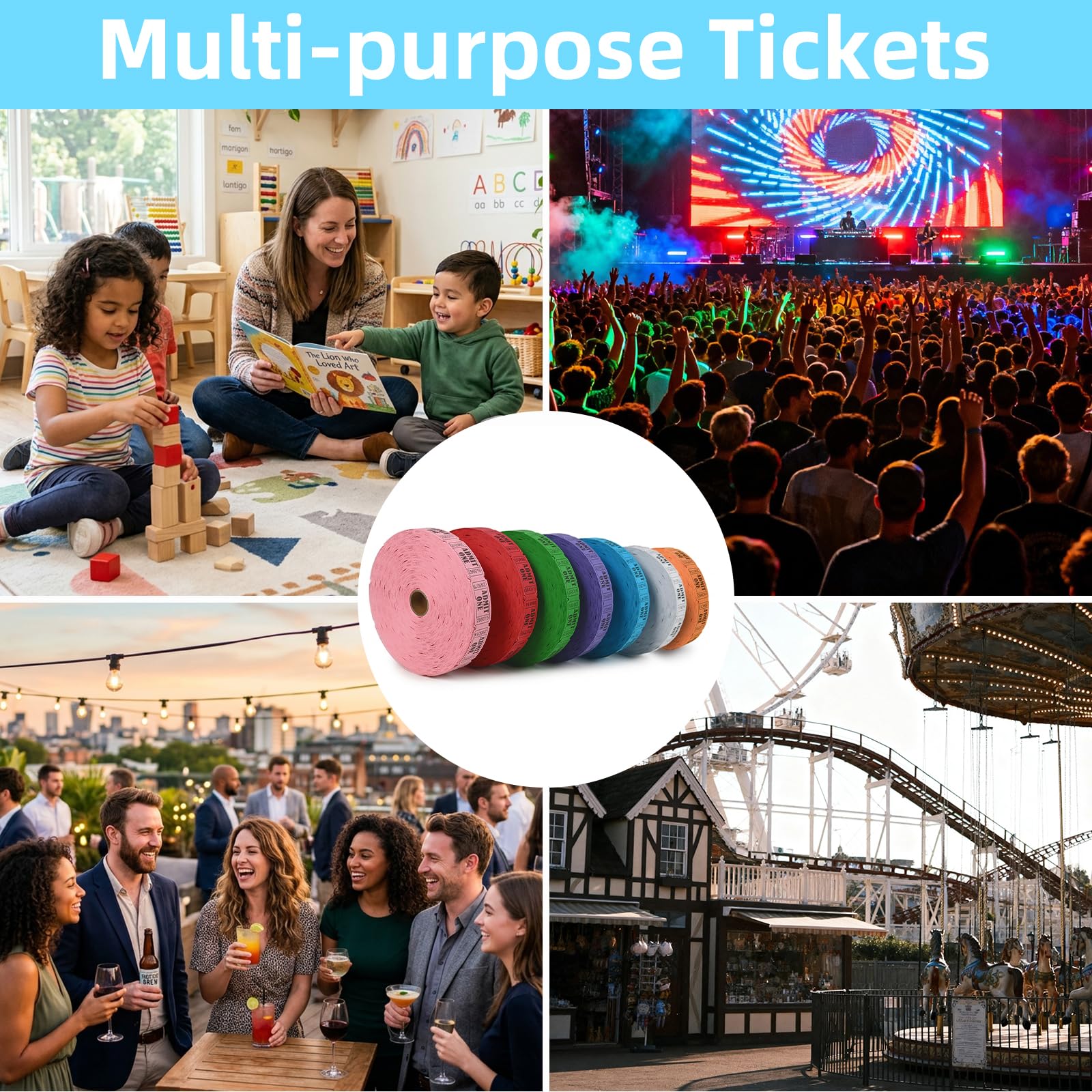 L LIKED Mixed Raffle Tickets, 1"x2" Rainbow Variety Pack – Consecutively Numbered & Perforated for Events, Carnivals, Door Prizes